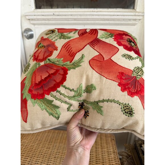 Vintage MCM Accent Pillow Linen Embroidered Red Poppy Flowers Bow 17x17" - Picture 10 of 11